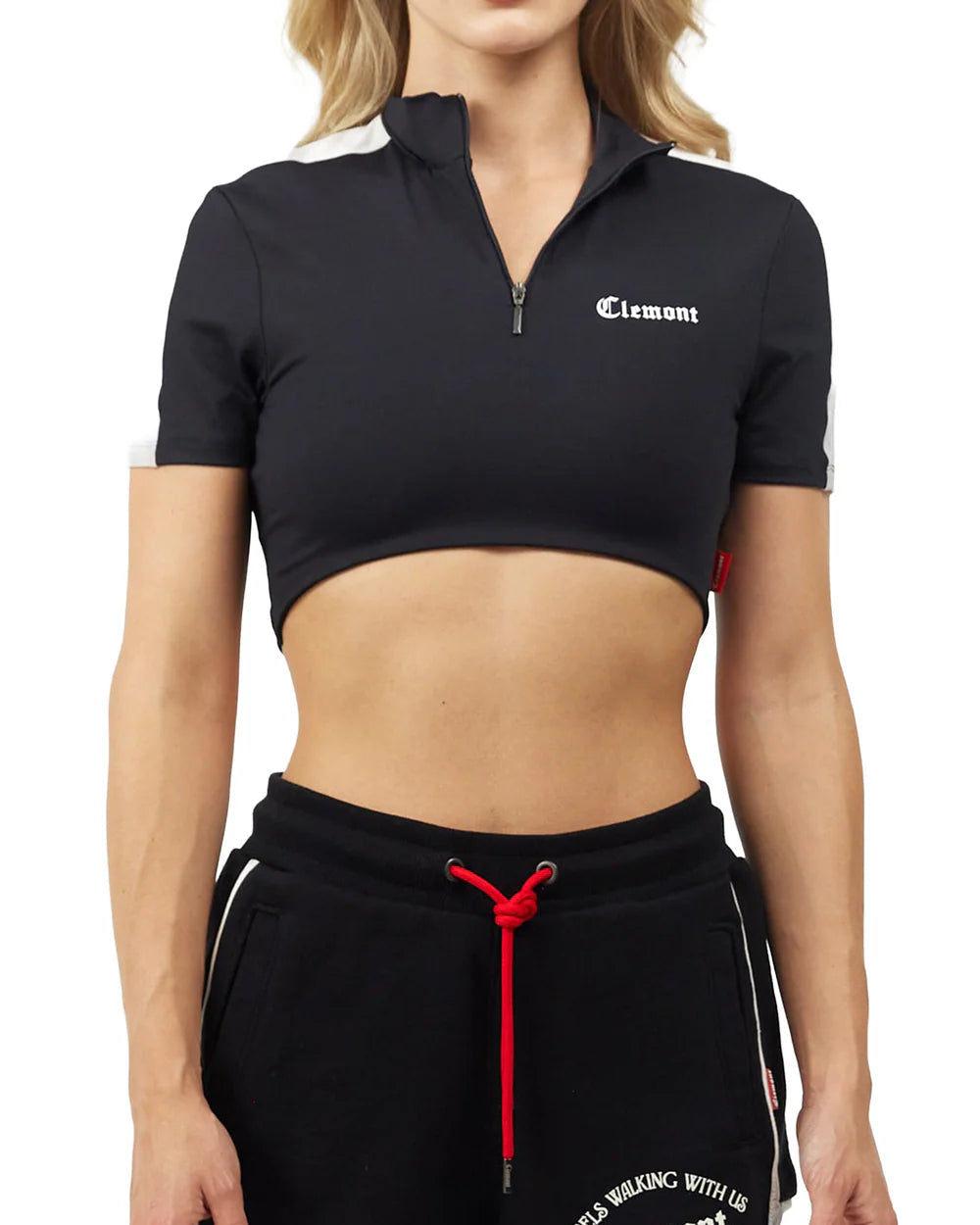 Crop Top Luminosa Clemont Negro Mujer Frontal Modelo Detalle