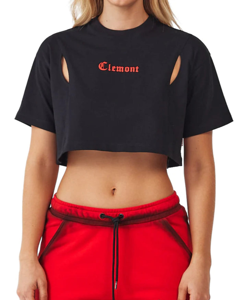 Crop Top Sofferenza Clemont Negro Mujer Frontal Modelo Detalle