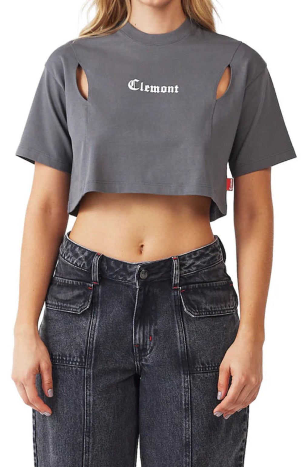 Crop Top Malattia Clemont Mujer Color Gris Frontal Modelo Detalle