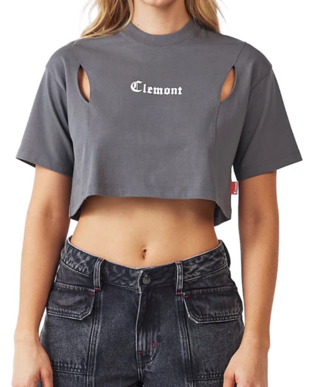 Crop Top Malattia Clemont Mujer Color Gris Frontal Modelo Detalle