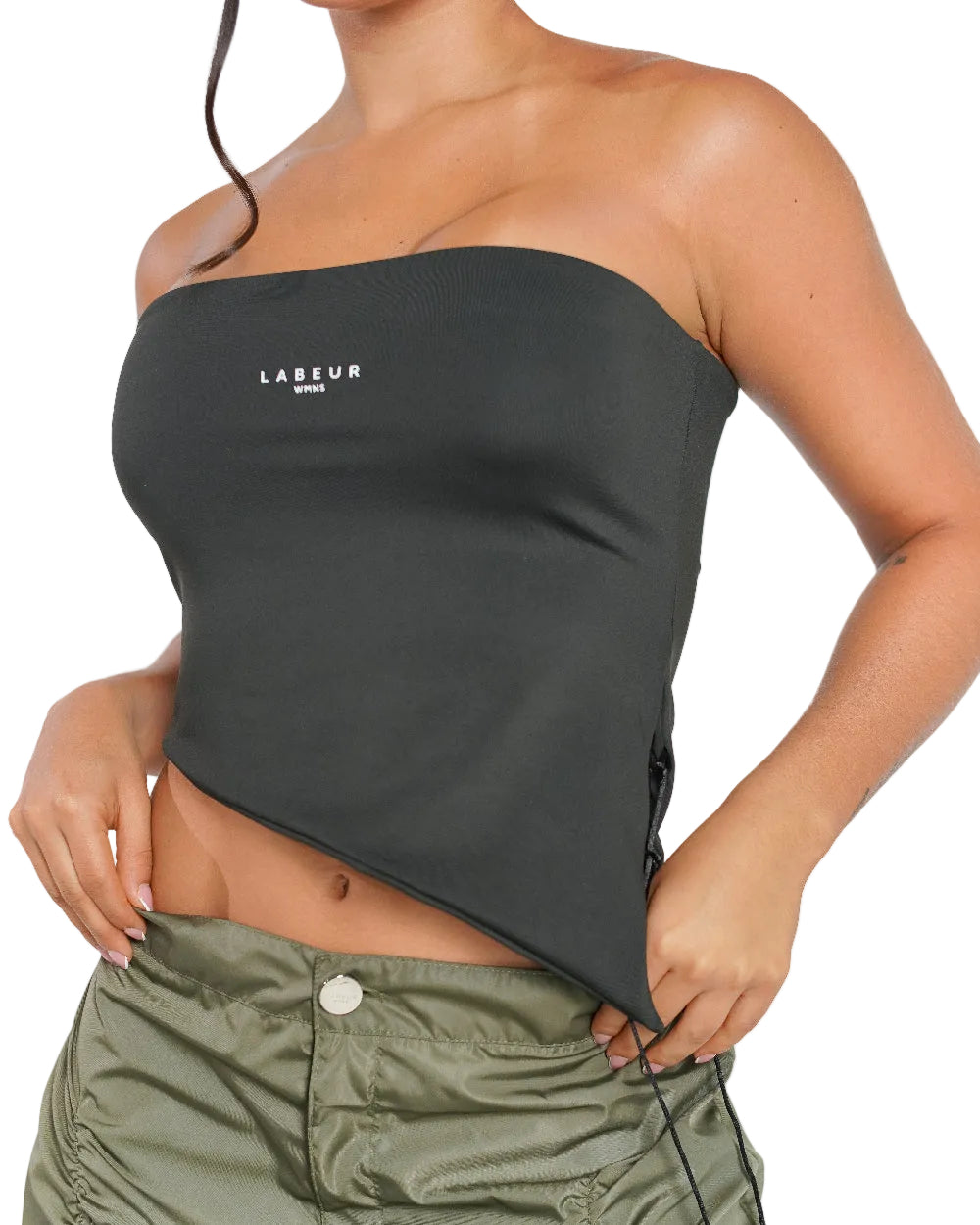 Top Afrodita Labeur Negro Mujer Frontal Modelo Detalle