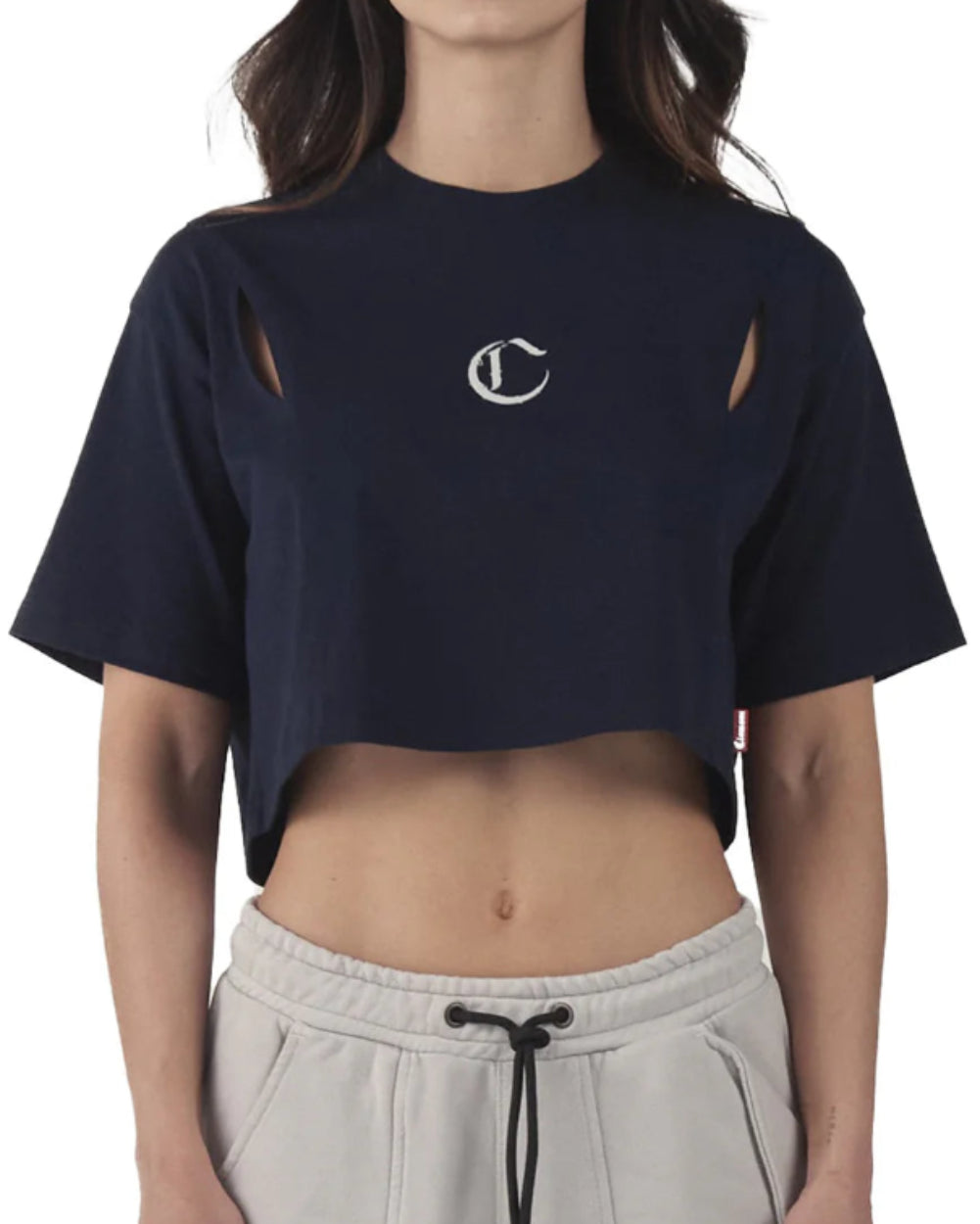 Crop Top Oversized Illuminazione Clemont Azul Mujer Frontal Modelo