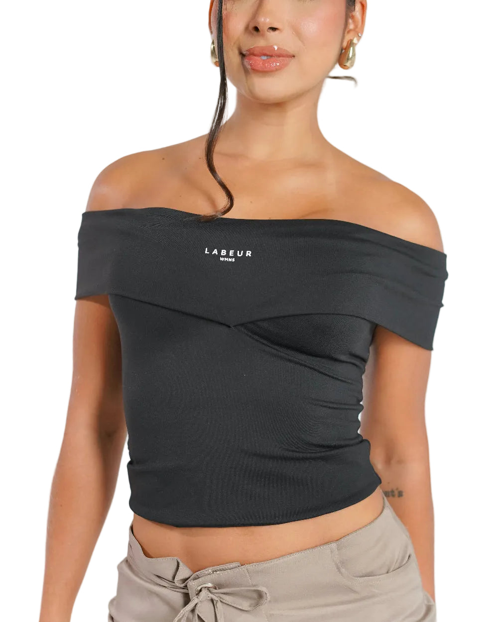 Top Iris Labeur Negro Mujer Frontal Modelo Detalle