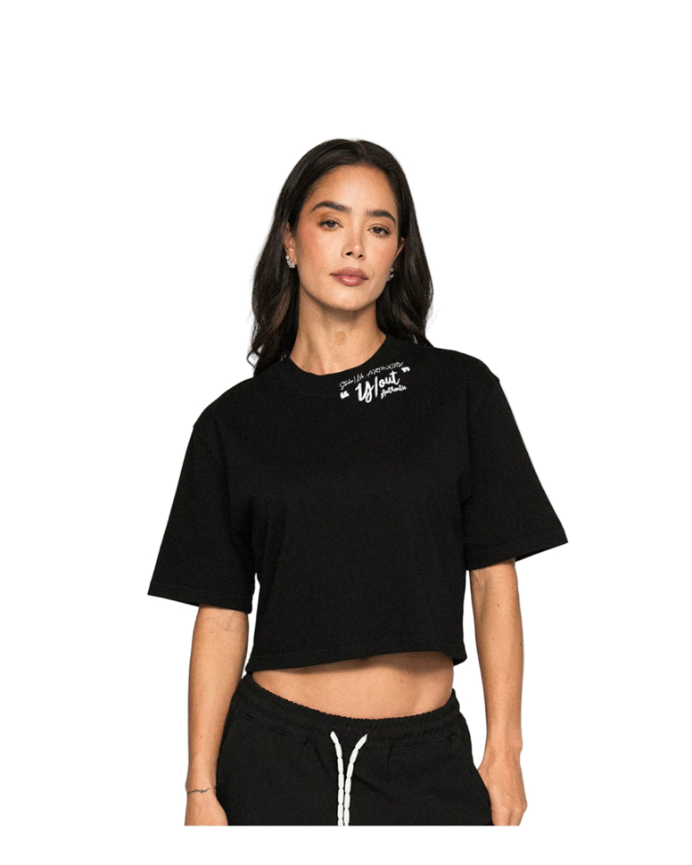 Crop Top Tape Chest You Negro Mujer Frontal Modelo