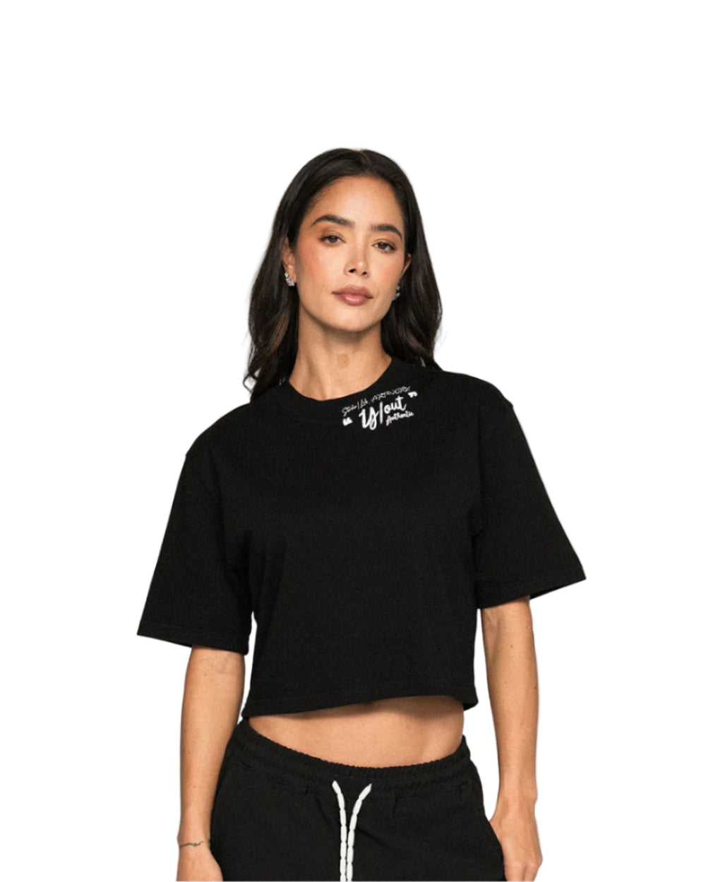 Crop Top Tape Chest You Negro Mujer Frontal Modelo