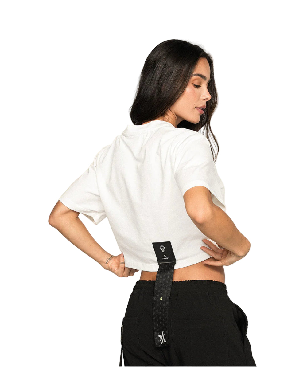 Crop Top Vaporization Yout Blanco Mujer Detrás Modelo